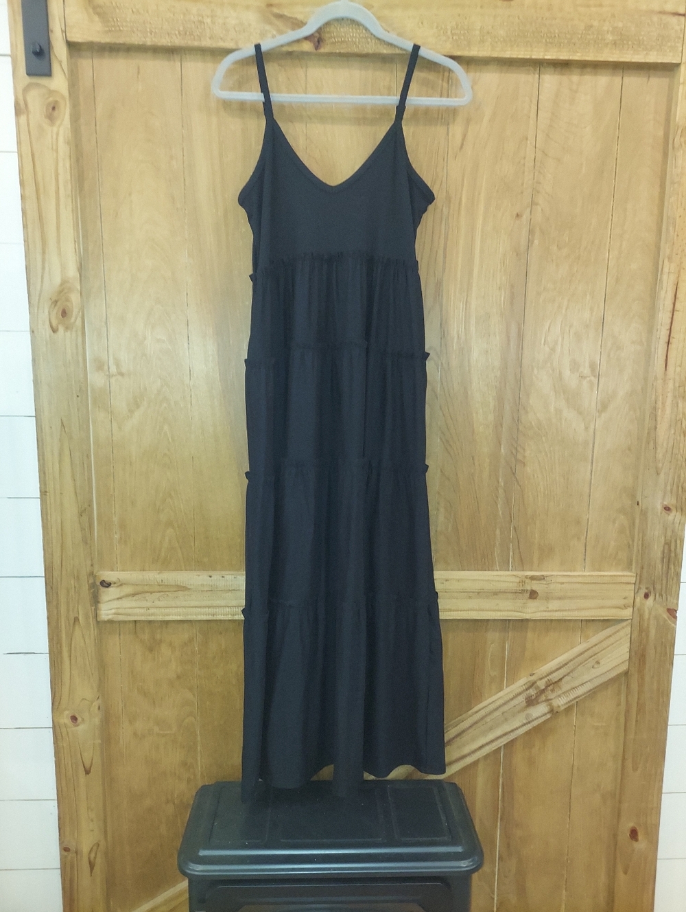 Zenana V Neck Cami Maxi Tiered Ruffled Dress Stretch Side Pockets Black Size S